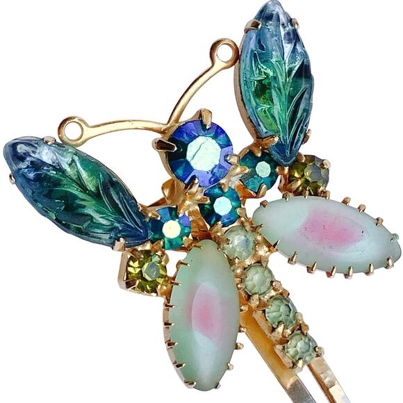 VTG 1950s Butterfly Hair Clip AB Rhinestones Frosted Molded Givre Glass Mid Cent - Picture 1 of 11